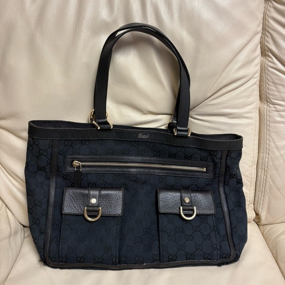 Handbags - VTG GUCCI ABBEY Tote Bag Pockets Black GG Canvas GHW Leather Trim